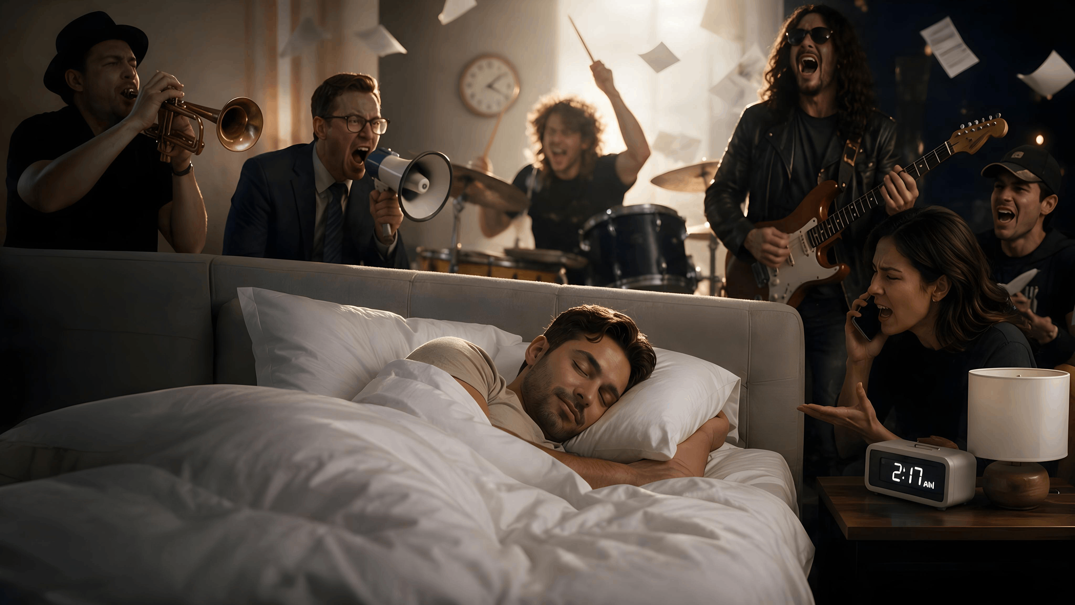 Man sleeping peacefully through chaos, representing WELLTH's promise of exceptional sleep